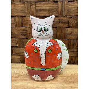 GANZ Red and White Cat Ceramic Bank with Green Accents